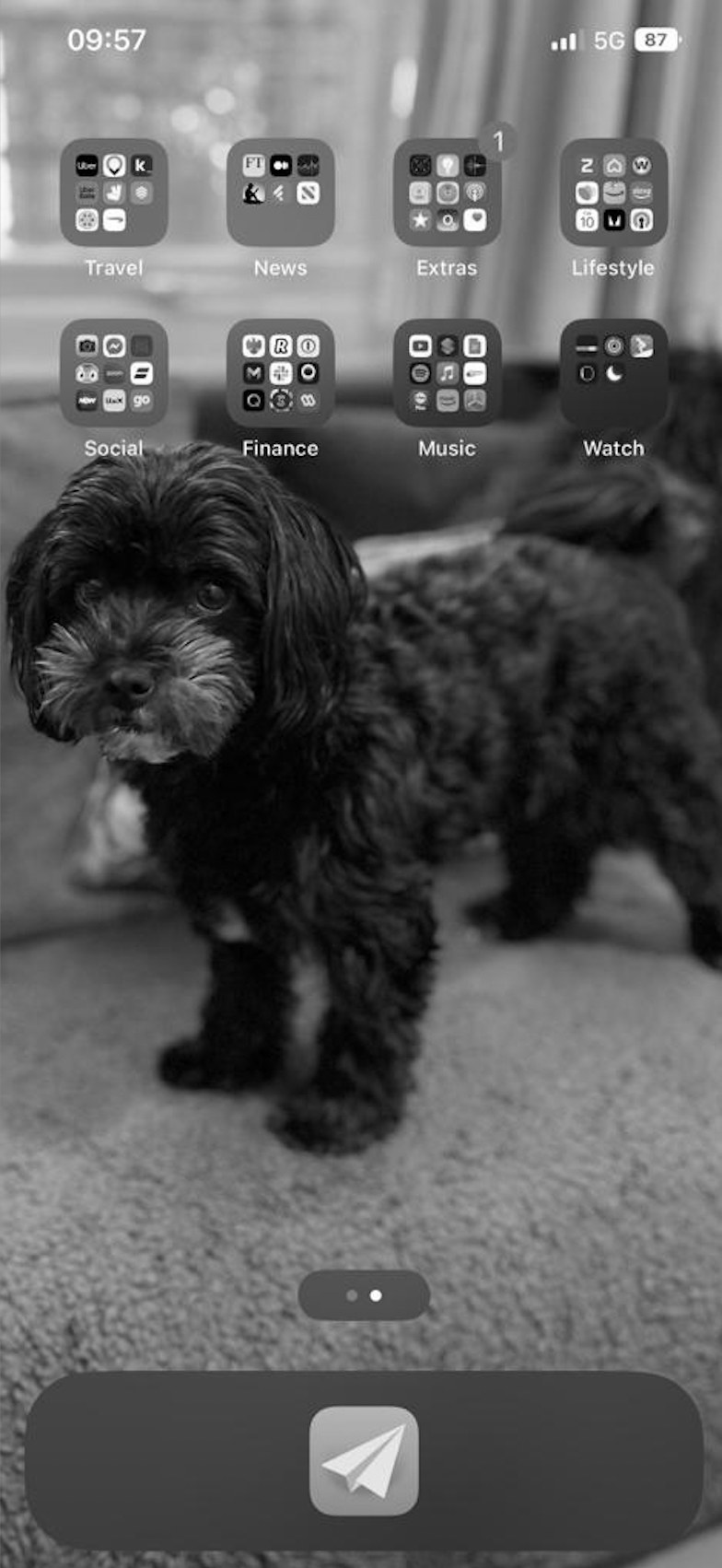 The second iPhone home screen in greyscale, with eight app folders named Travel, News, Extras, Lifestyle, Social, Finance, Music and Watch arranged over the same photograph.